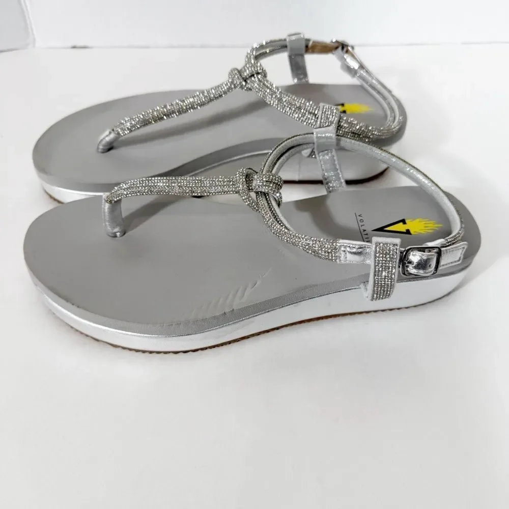 VOLATILE Womens Calypso Knotted Silver Rhinestones Embellished Wedge Sandal Sz 8